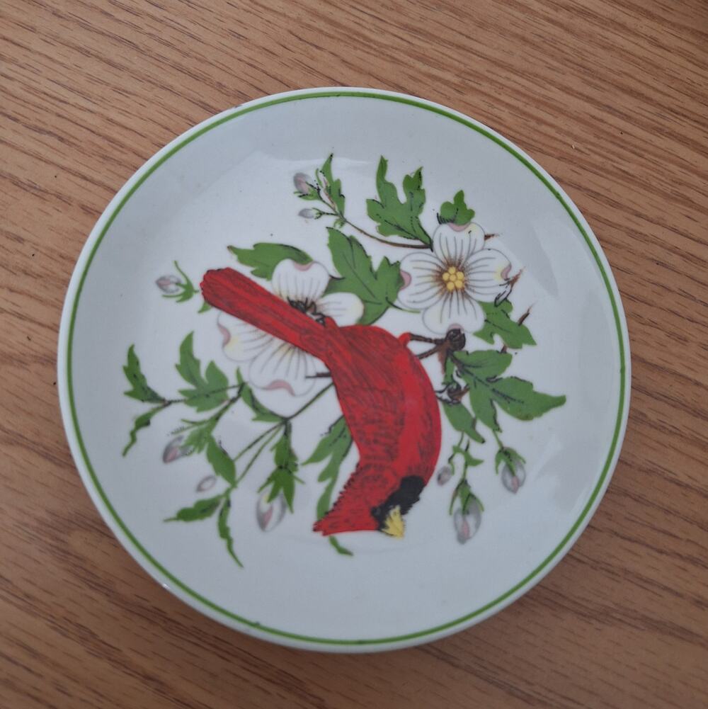 VTG Leart Brazil Porcelain 4" Butter Pat Mini Plate Coaster Red Cardinal Bird